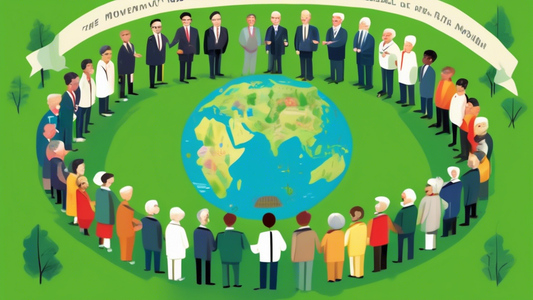 A digital painting of world leaders from various countries, from different continents, standing together in a circle, holding a globe in the center, under a banner that reads Non-Alignment Movement in a peaceful, lush green park.