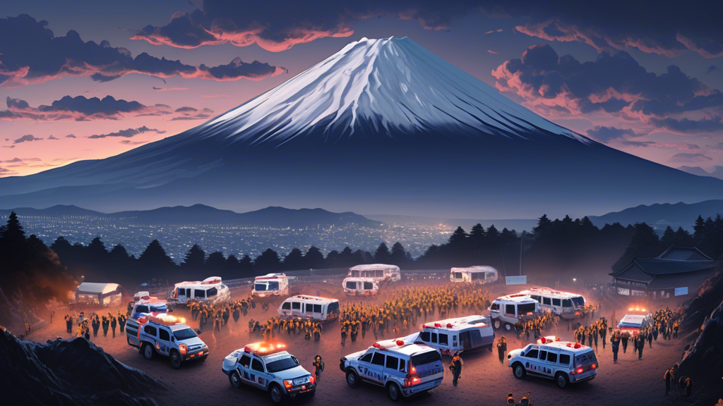 An aerial shot of Mt. Fuji with emergency service vehicles and rescue teams preparing at base camp, as hikers gather in solemn tribute at dawn.