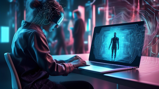 A digital artist using generative AI tools on a laptop to seamlessly remove a person from a photo in Photoshop, with the transformation process illustrated in a futuristic, high-tech environment.