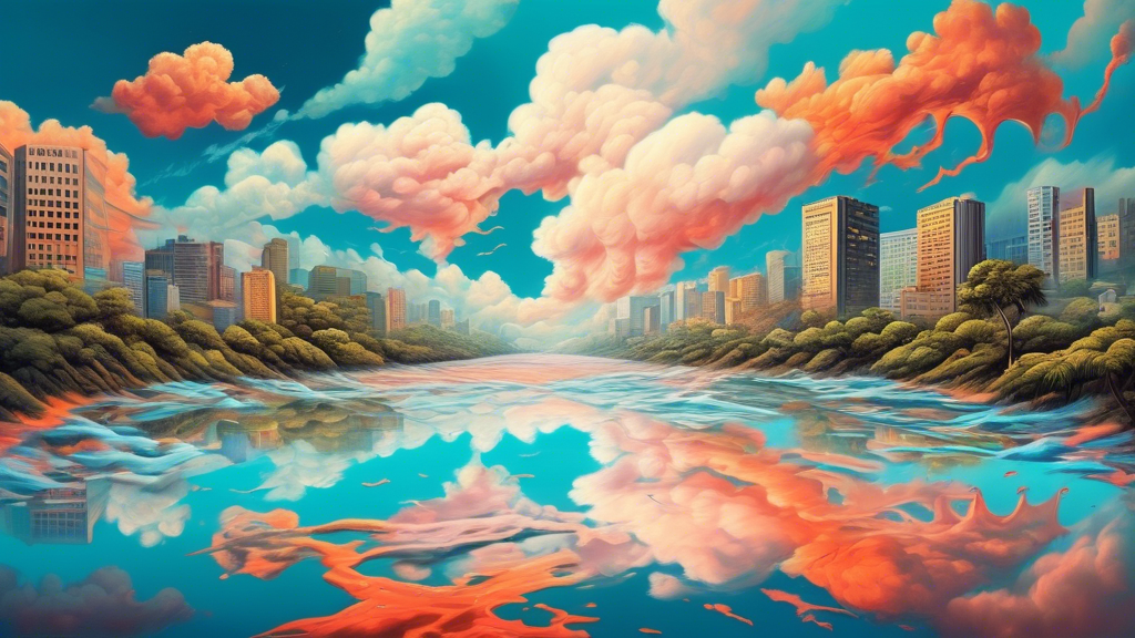 A surreal landscape depicting the three states of matter: solid ground morphing into a flowing liquid river, which evaporates into fluffy clouds in a vibrant sky.