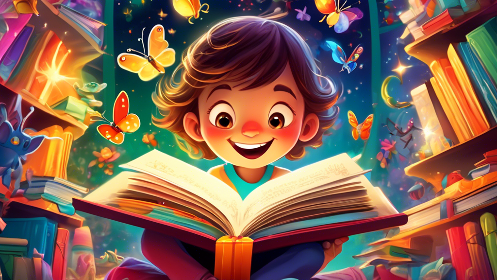 A child excitedly opening a book-shaped gift box overflowing with light, surrounded by stacks of colorful books with whimsical characters coming to life.