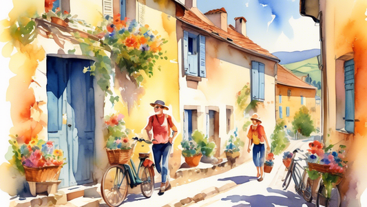 A vibrant, watercolor painting of budget-conscious travelers happily exploring a picturesque French village on a sunny day, their cheerful expressions highlighting the joy of affordable adventures.