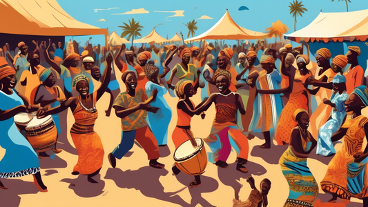 Detailed illustration of a vibrant African marketplace with people of all ages joyfully dancing to a live band playing traditional local instruments, embodying the rhythm of life and music under a clear blue sky.