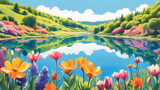 Vibrant spring blooms surrounding the tranquil Spring Valley Reservoir under a clear blue sky, reflecting the colorful flora on its mirror-like surface