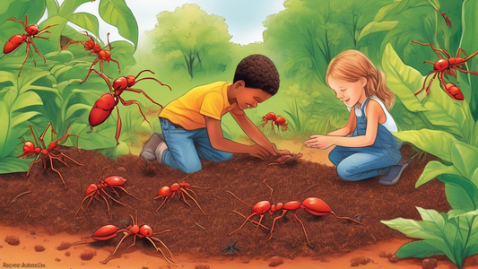 An illustrated step-by-step guide for constructing a fire ant habitat in a lush garden setting, with children carefully observing the process.