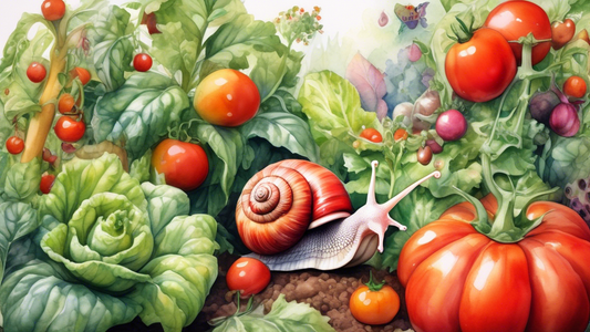 A whimsical watercolor painting of a lush garden overflowing with vegetables, with a large, happy snail perched on a giant red tomato