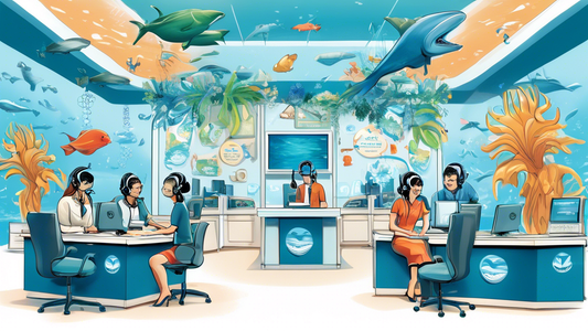 An illustration of a calm and inviting customer service center for Ocean Credit, with representatives wearing headsets and helping customers, surrounded by ocean-themed decorations and a large, clear toll-free number '9943056751' prominently displayed.