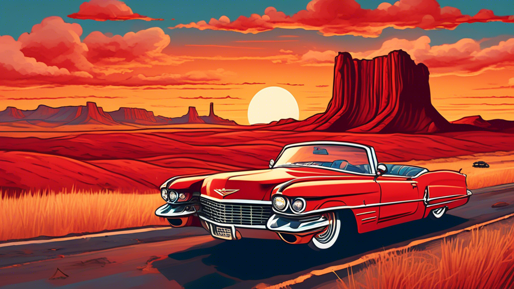 A vintage red convertible driving down Route 66 at sunset, with iconic landmarks, such as the Cadillac Ranch and the Blue Whale of Catoosa, visible in the background, symbolizing an epic road trip adventure.