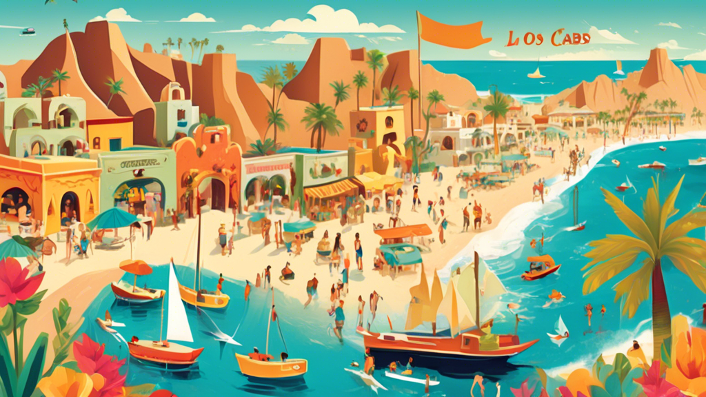 An illustrated map featuring hidden gems and landmarks of Los Cabos, with happy tourists exploring colorful streets, beaches, and local markets under a bright, sunny sky.