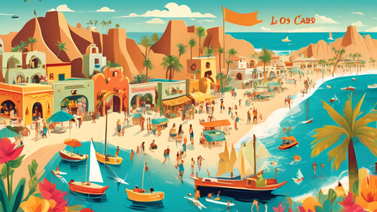 An illustrated map featuring hidden gems and landmarks of Los Cabos, with happy tourists exploring colorful streets, beaches, and local markets under a bright, sunny sky.