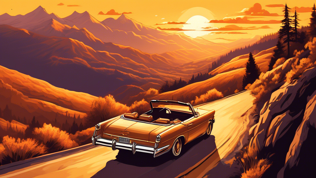 Create an illustration of a narrow, winding mountain road at sunset with a vintage convertible car precariously navigating the edge, with breathtaking views of a deep valley and distant mountains in the background, as eagles soar in the golden sky above.