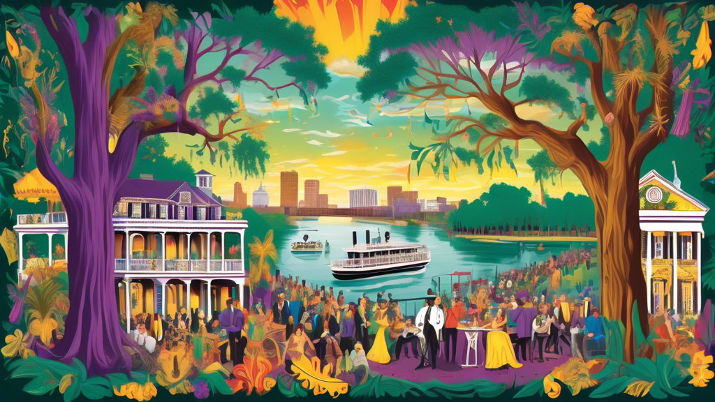 A vibrant montage of Louisiana's landmarks and cultural symbols, showcasing Mardi Gras festivities, a steamboat on the Mississippi River, a jazz band, and traditional Cajun and Creole cuisine, all framed by live oak trees draped in Spanish moss.