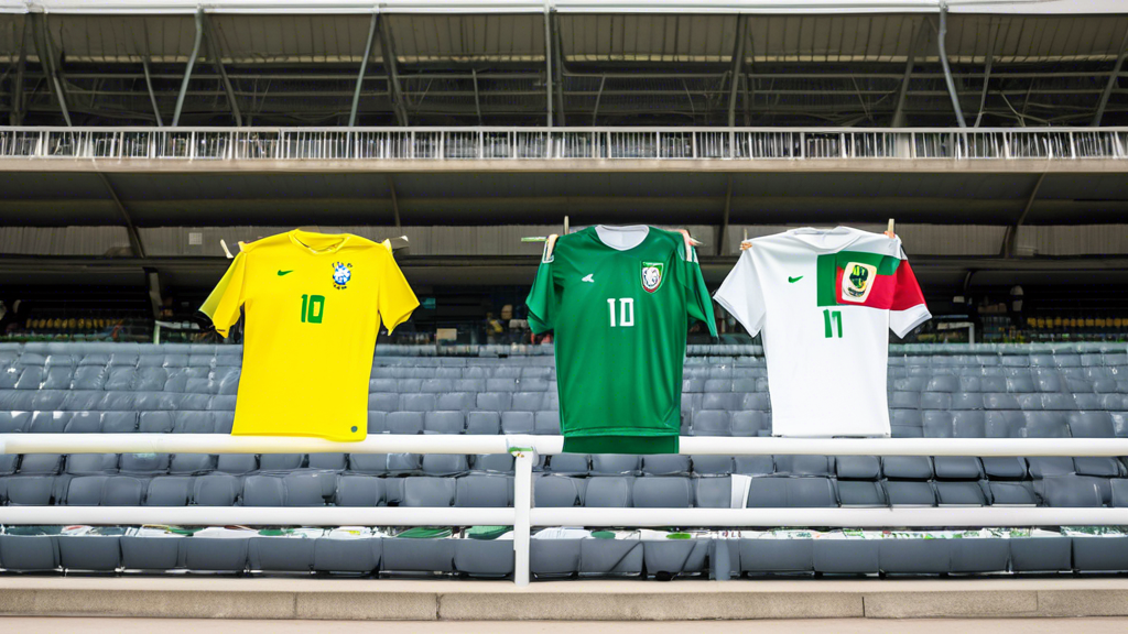 Two soccer jerseys, one green and yellow for Brazil, one green and white for Mexico, draped over a railing inside a huge stadium with the text Brazil vs. Mexico, June 8th, 2024, Kyle Field, College St