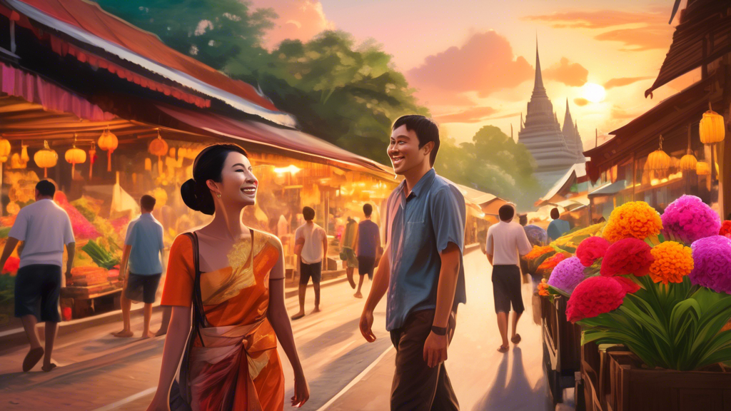 Create an image depicting a romantic scene in Thailand: a couple enjoying a sunset walk along a bustling market street, vibrant stalls filled with colorful flowers and traditional Thai artifacts. In t