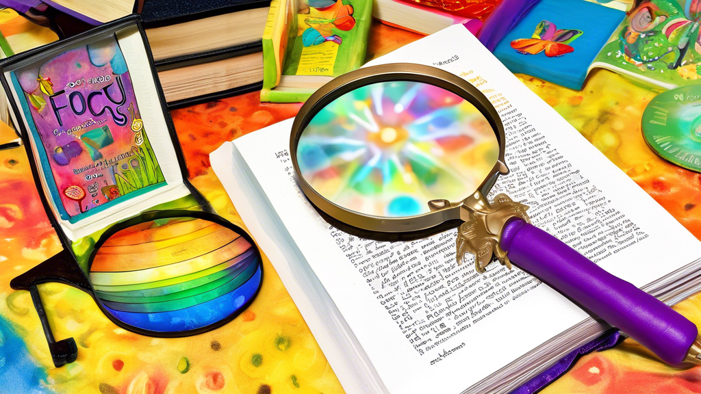 A stack of colorful children's books with a magnifying glass resting on top, shining a bright light on the words Focus and Concentration printed on an open page.