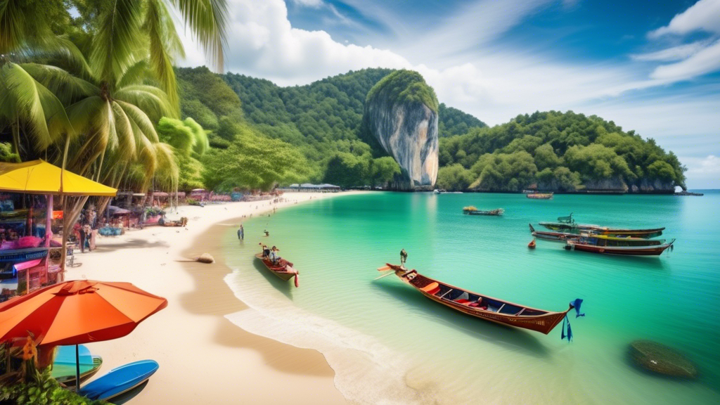 Create an image of a picturesque, tropical beach in Phuket, Thailand. The scene should feature crystal-clear waters, white sandy shores, and traditional long-tail boats gently bobbing near the shore. 