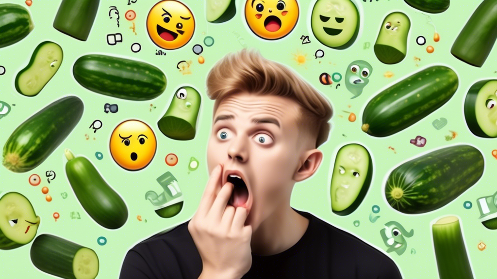 Portrait of a young social media influencer puzzled by a cucumber with emojis of shock and amusement floating against a backdrop of the Reddit and Telegram logos.