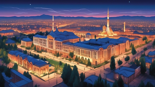 An artistic depiction of Krasnogorsk, Tashkent with historical buildings and modern landmarks illuminated at twilight, showcasing the blend of cultural heritage and urban development.