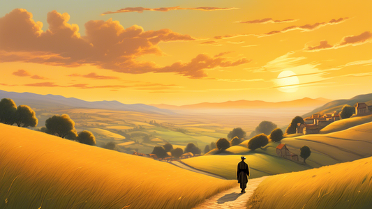 An elegant, serene landscape featuring a solitary traveler on foot, taking in the expansive beauty of rolling hills under a golden sunset, with old, picturesque villages in the far distance.