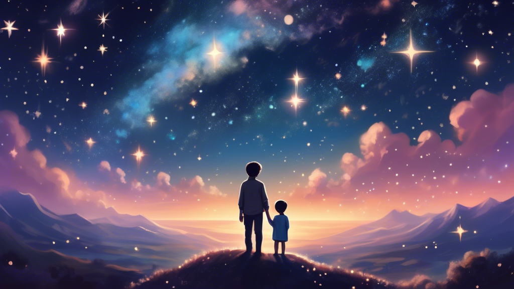 A heartwarming scene of a child, gazing up at the night sky filled with stars, holding a picture of themself with their father, surrounded by an aura of longing and love, in a dreamy, otherworldly landscape.