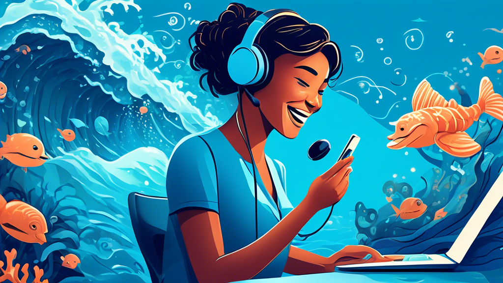 An illustrated customer service representative wearing a headset, happily assisting a customer over the phone, with a digital ocean-themed background featuring waves and sea creatures.