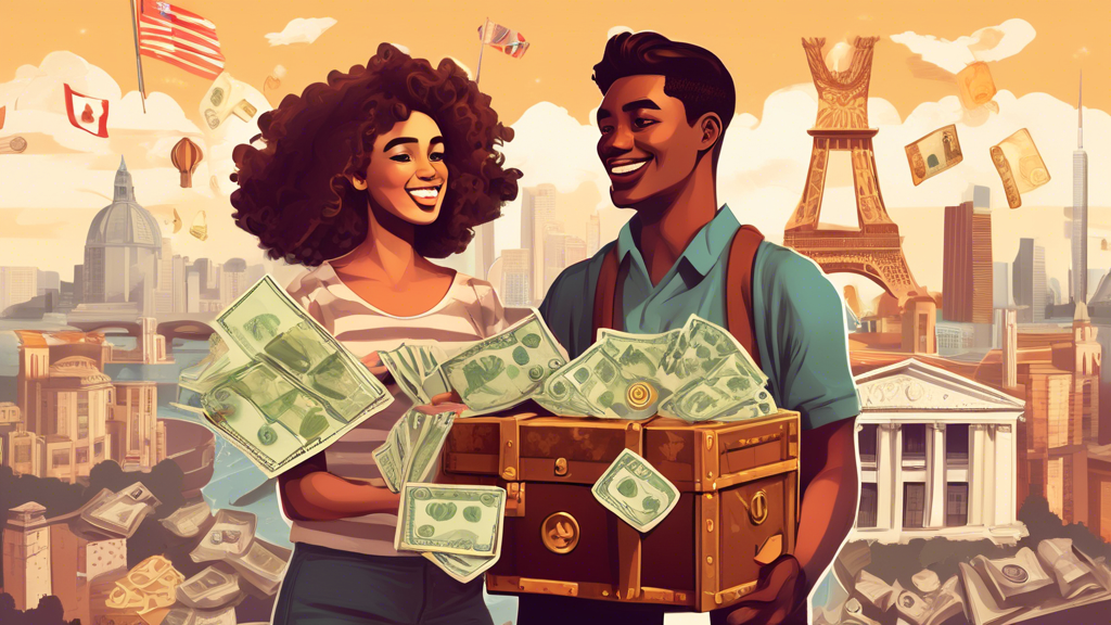 Digital illustration of a young couple holding various currencies, with iconic landmarks from the top 10 countries that pay you to live there emerging from a treasure chest in the background.