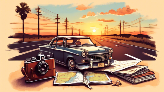 A vintage camera capturing a scenic sunset on a deserted highway, with an open road trip diary and a map spread out on the car hood, surrounded by travel memorabilia.