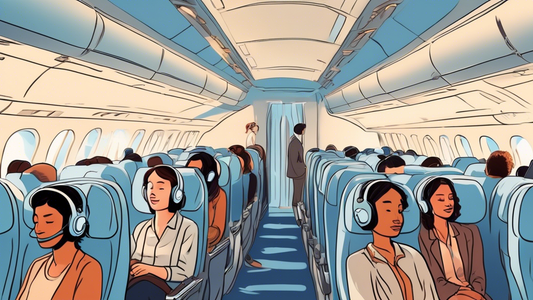 A serene airplane cabin filled with passengers wearing various styles of noise-canceling headphones, each uniquely designed, against a backdrop of soft blue sky seen through the windows, showcasing a tranquil and quiet travel experience.