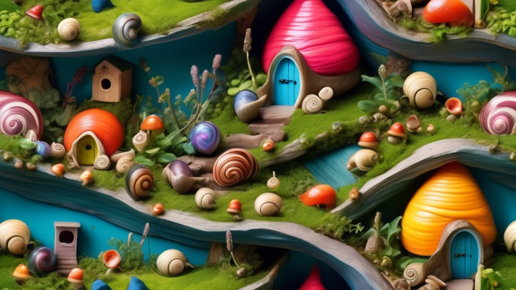 A whimsical, colorful snail sanctuary nestled in a lush garden, with a variety of snail shells and tiny houses.