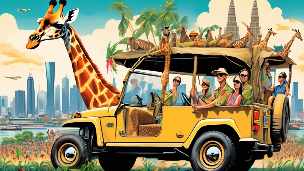 A giraffe peering into a safari jeep filled with excited tourists, with the Bangkok skyline in the background.