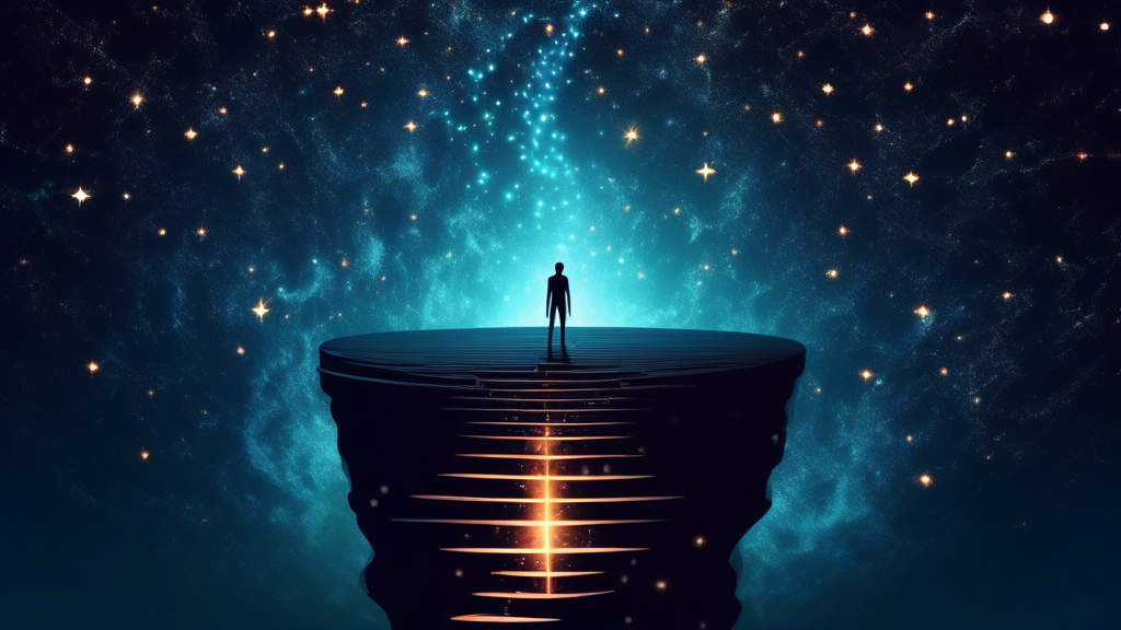 A surreal illustration of a person standing on the edge of a glowing abyss, with a staircase made of stars ascending into the cosmos, symbolizing the path to success.