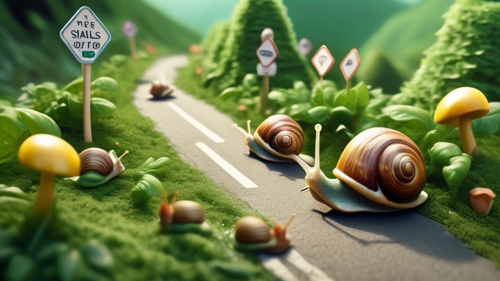 A whimsical illustration of snails with backpacks traversing a lush green highway with miniature road signs and rest stops