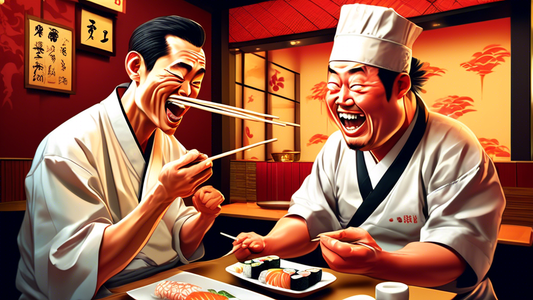 Detailed illustration of a foreign tourist humorously struggling with chopsticks while trying to eat sushi, with an amused Japanese chef giving a polite tutorial in a vibrant Tokyo sushi restaurant.