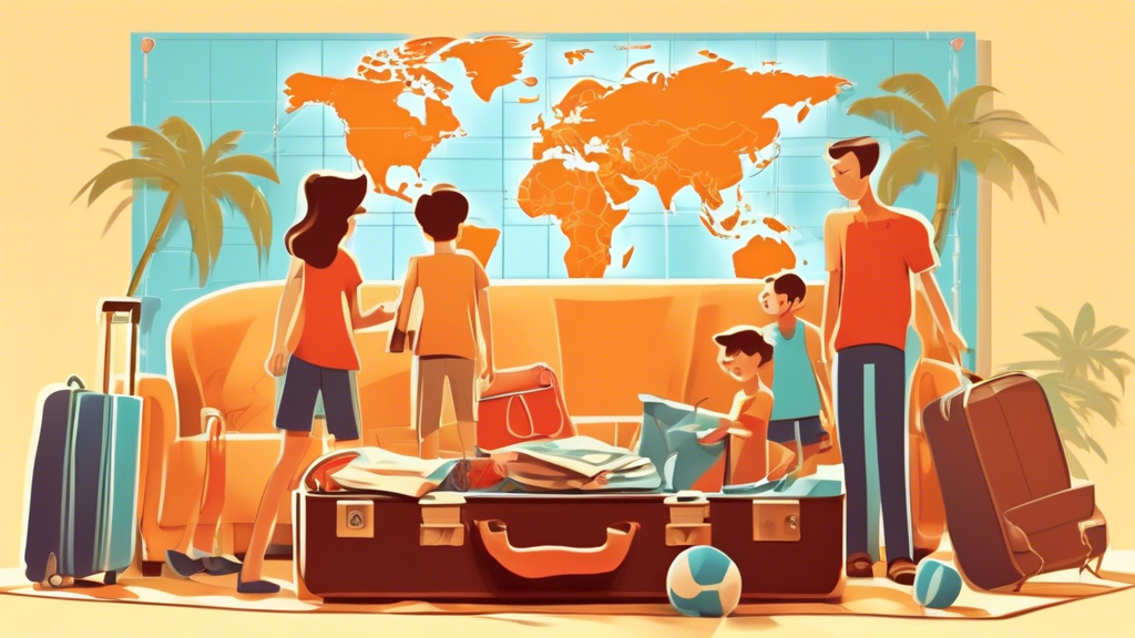 An animated family suitcase packing in a stylized living room, with travel accessories and a world map in the background, illustrating summer vacation planning and excitement.