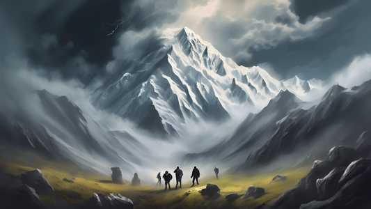 An illustrated conceptual artwork of Nanga Parbat looming ominously over a landscape, with ghostly figures of climbers and stormy clouds symbolizing its nickname, 'the Killer Mountain'.