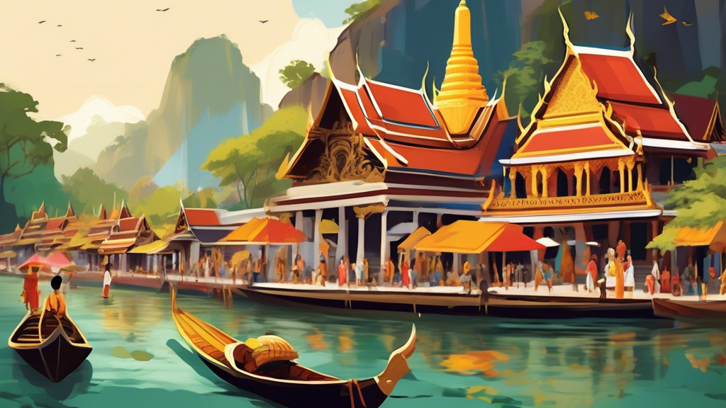 Create a detailed illustration of Thailand that captures its rich cultural heritage beyond its well-known tourist attractions. Include images of traditional Thai dancers performing a classical dance, 
