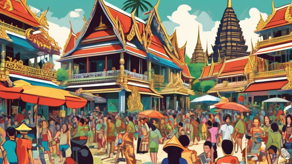 Create an illustration for a news article titled Recent Updates from Thailand — #WhatsHappeningInThailand — June 15, 2024 — By Matt Hunt. The image should feature a vibrant collage representing Thaila