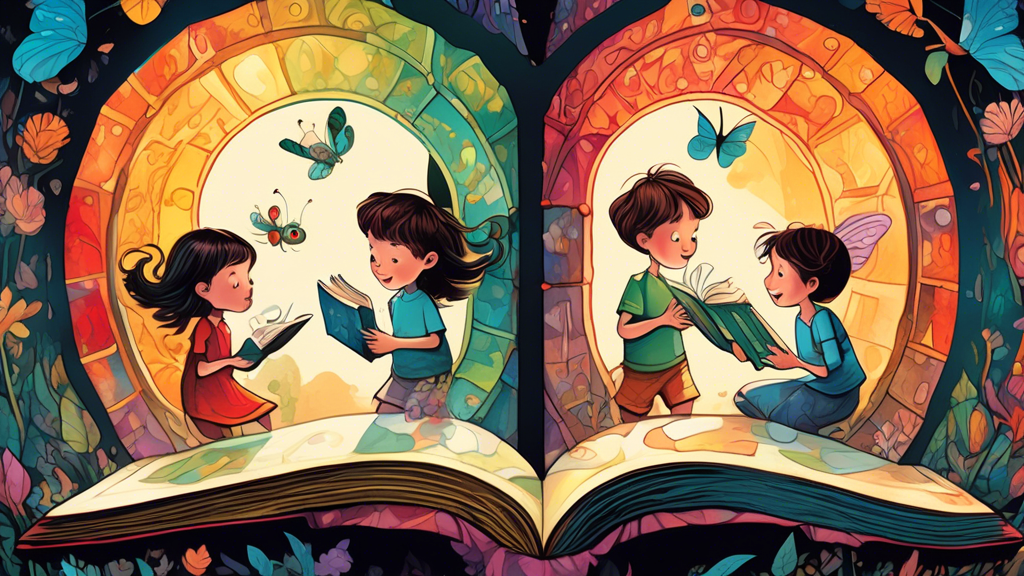 A whimsical illustration of three children opening giant storybooks that turn into portals to fantastical worlds