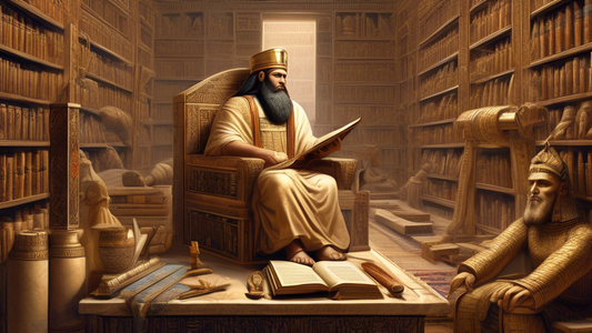 A beautifully detailed illustration of King Ashurbanipal in his library, surrounded by ancient scrolls and tablets, while scholars transcribe texts, highlighting the safeguarding of knowledge in ancient Assyria.