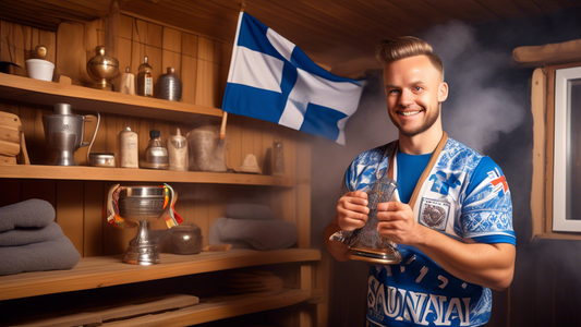 A person proudly holding a trophy and wearing a vintage 1985 Sauna World Champion shirt, surrounded by steam in a traditional Finnish sauna, with the flags of various countries hanging in the background.