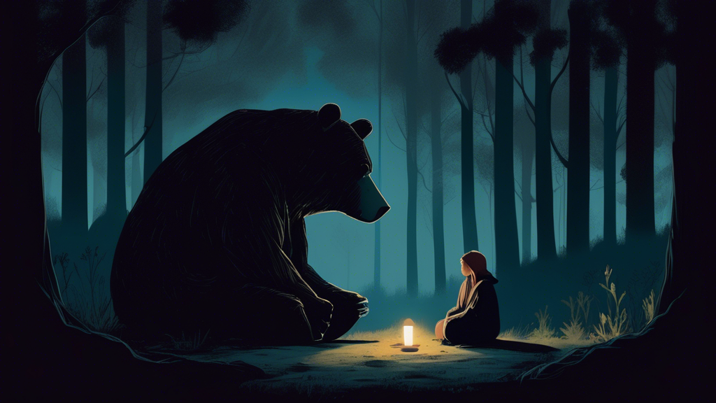 A woman and a bear peacefully sitting together in a moonlit forest clearing, sharing a moment of trust, with a shadowy figure of a man lurking in the background.