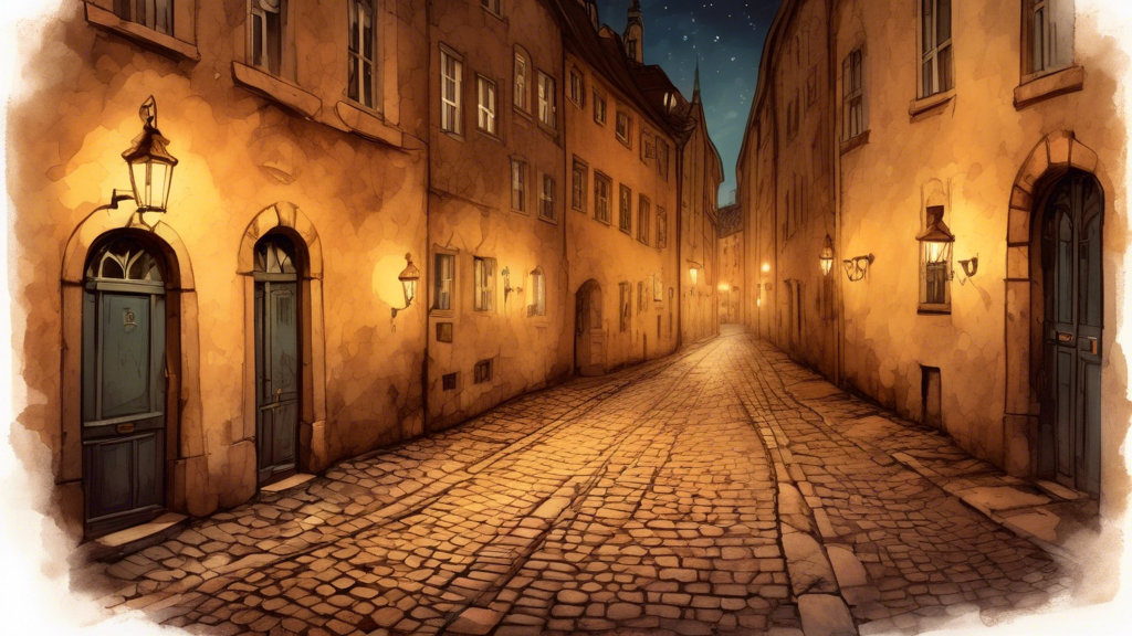 An enchanting evening view of a lesser-known, cobblestone alley in Munich, illuminated by warm, vintage street lamps, with a mysterious, ancient doorway at the end, inviting exploration and discovery.