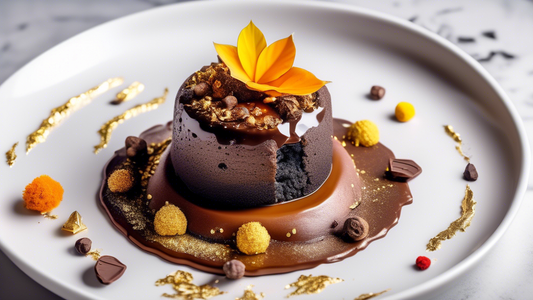 A luxurious locust lava cake oozing with rich, molten chocolaty center on a white porcelain plate, garnished with edible gold leaf and surrounded by an array of exotic spices and locusts in a sleek, modern kitchen setting.