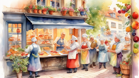 A vibrant watercolor illustration showcasing a bustling traditional German kitchen with chefs joyously preparing Kite Kuchen, garnished with colorful fruits and dusted with powdered sugar, as curious onlookers peer in through the window, eager to taste.