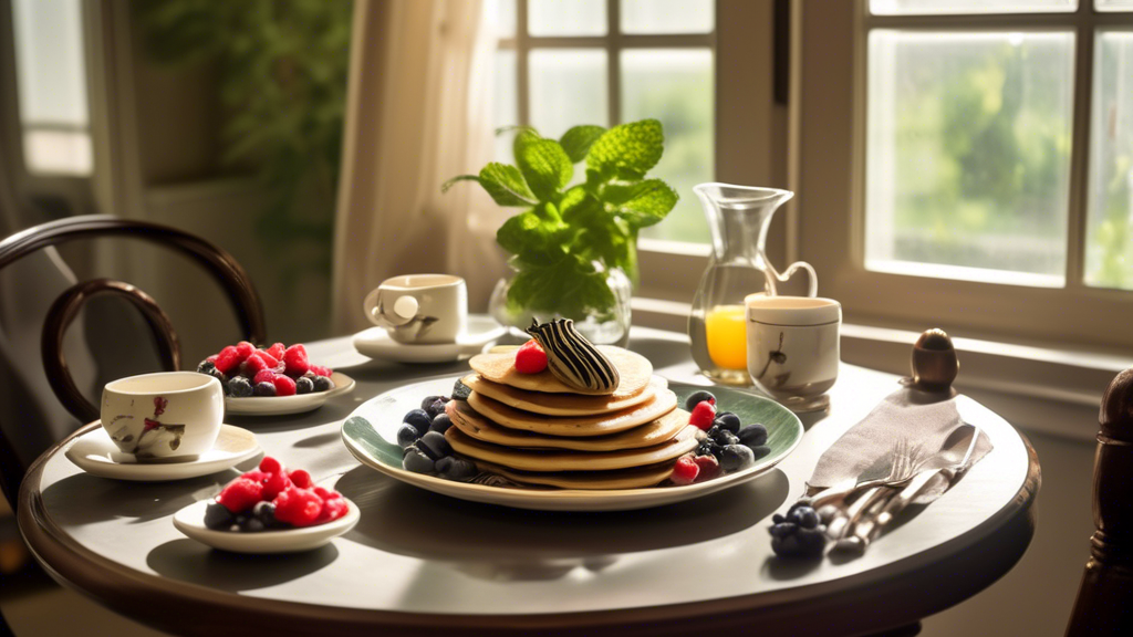 An elegantly set dining table with a plate of pancakes shaped like pillbugs, garnished with fresh berries and mint, in a cozy, sunlit breakfast nook.