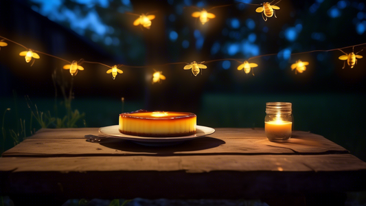 An enchanting outdoor dinner scene under a starlit sky, with glowing fireflies surrounding a beautifully presented dish of Firefly Flan on a rustic wooden table, emphasizing the magical culinary experience.