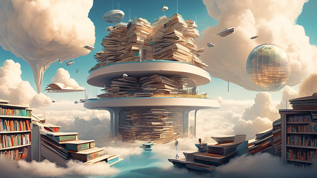 As there's no specific article title provided, I'll create a general prompt for DALL-E:

Create an image of a futuristic city library that floats in the sky, with people reading books while sitting on clouds.