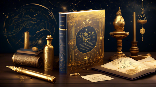 Create an image of an elegant, mystical book cover using Astorica font for the title, featuring a golden quill and ink bottle set against a backdrop of ancient scrolls and celestial charts.