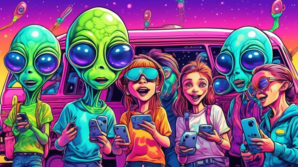 A group of enthusiastic alien fans gathered around the vibrantly colored and uniquely decorated Aria Electra baby alien fanbus, with a clear sky background and smartphones in hand, capturing the moment for a viral social media video.