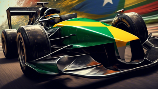 A Formula 1 race car with the Brazilian flag waving in the background and a black ribbon on the antenna